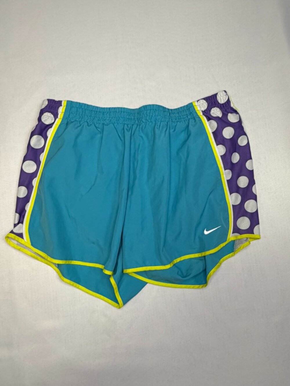 Women's Nike Shorts - Turquoise With Purple & White Polka Dots On Side Size M
